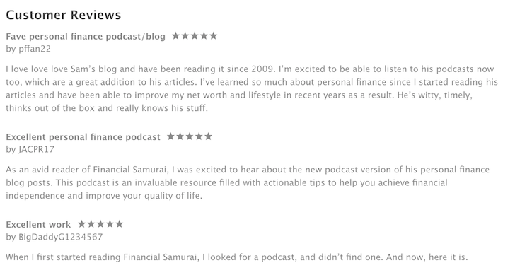 Financial Samurai podcast reviews